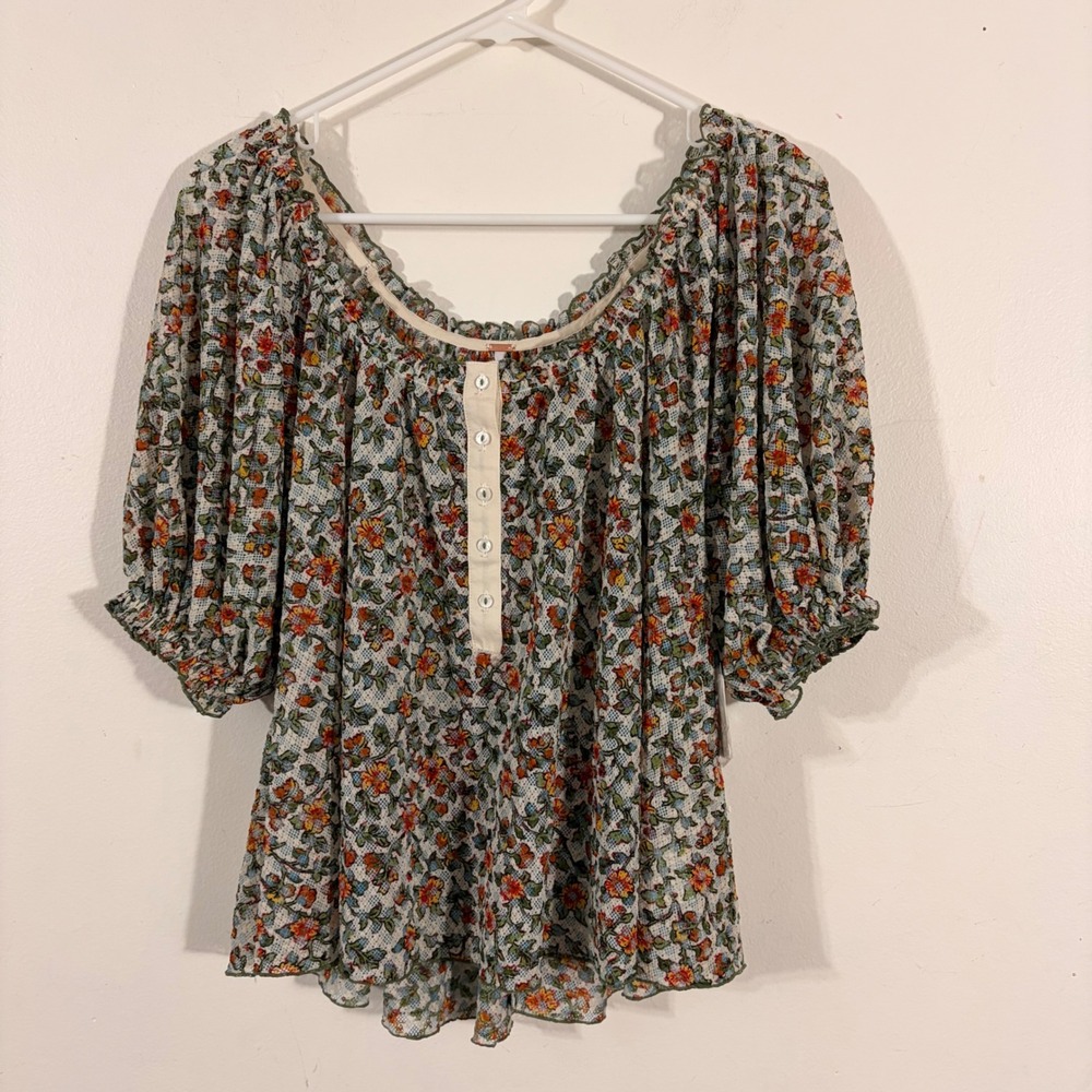 Free People Blouse Womens Medium Ivory Floral Mesh NWT Boho Puff Sleeve OB195947